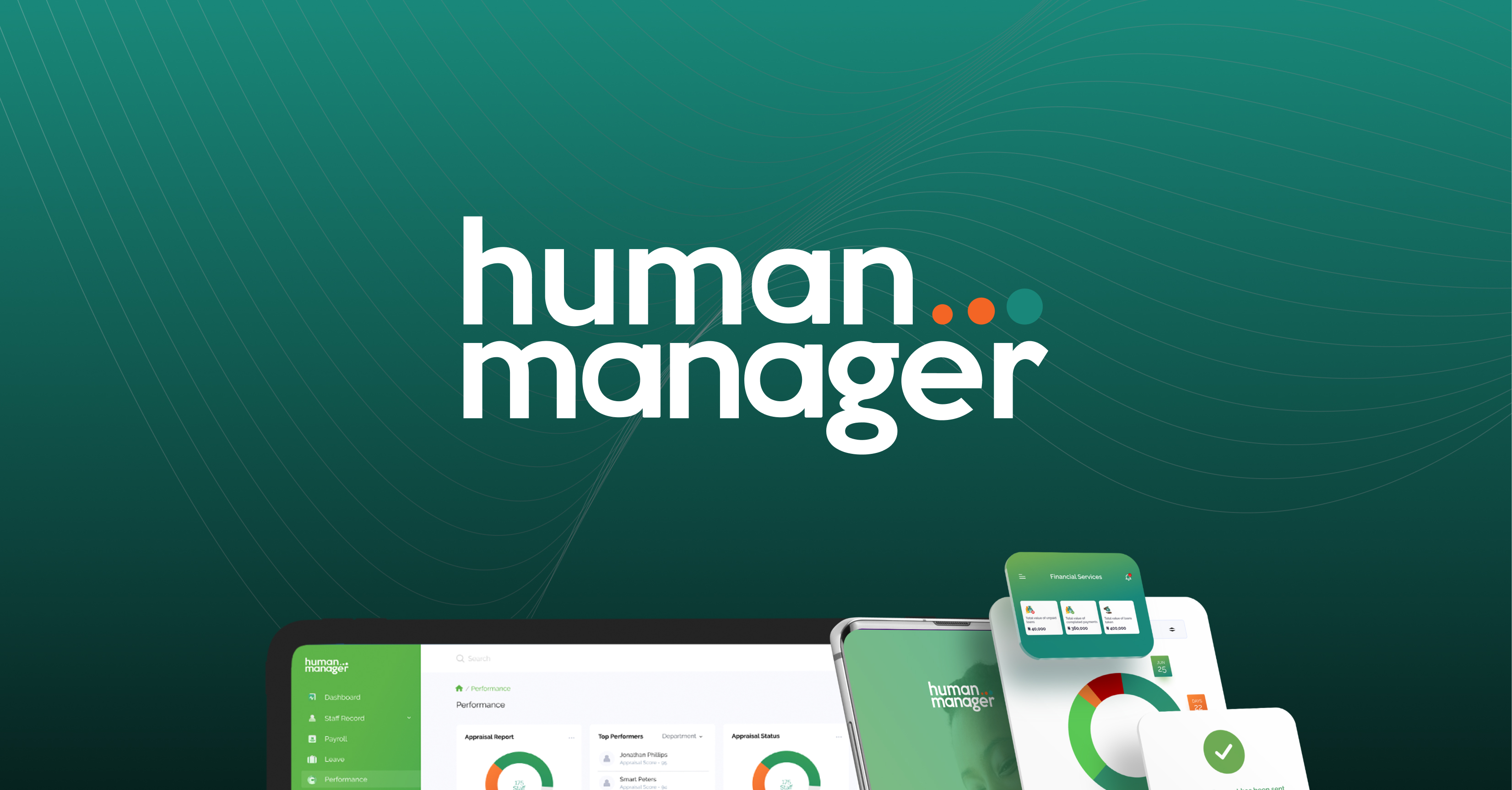 A green gradient background featuring the ‘human manager’ logo in white, with floating mobile and desktop UI screens displaying charts and dashboard elements.